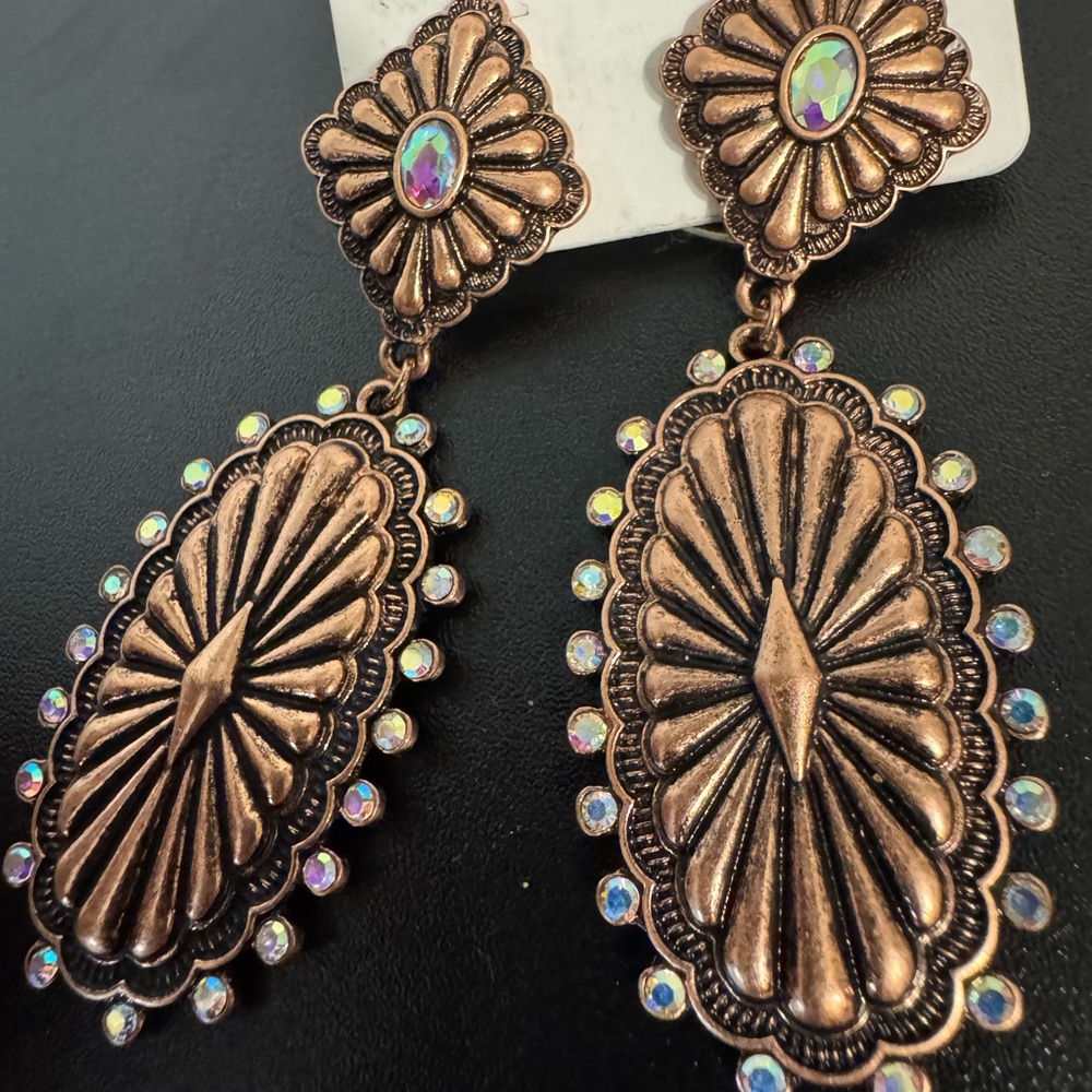 Elegant Bronze Statement Earrings with Iridescent AB accents